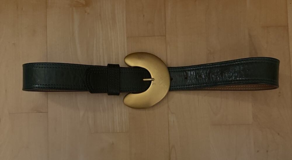 VTG Jenny and the Boys Gold Brass Buckle Green Leather Belt Western Art Deco M